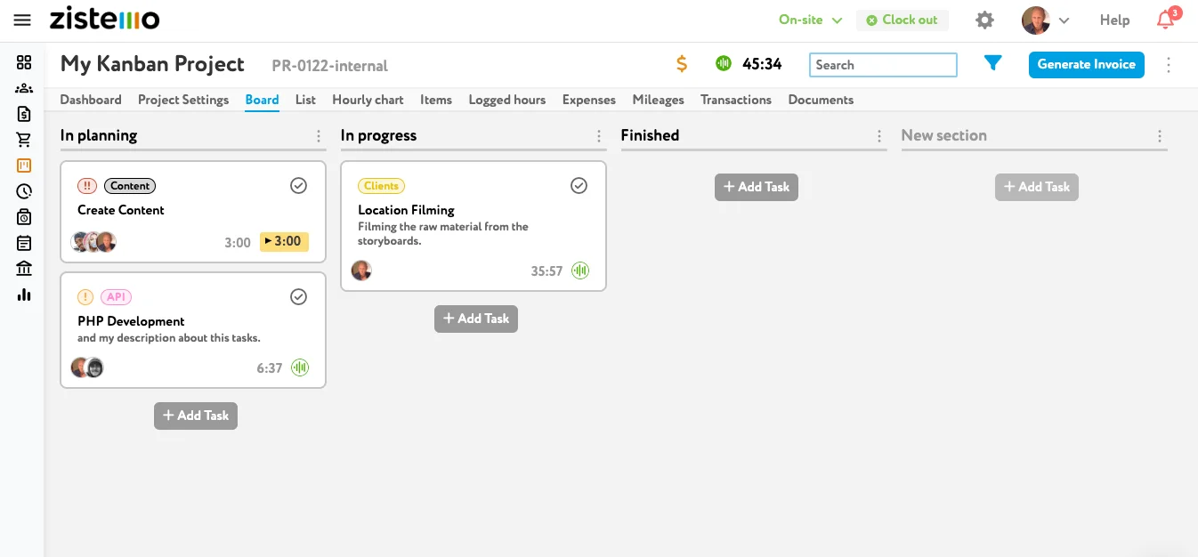 A Kanban board with cards and columns showing the workflow of a Kanban team