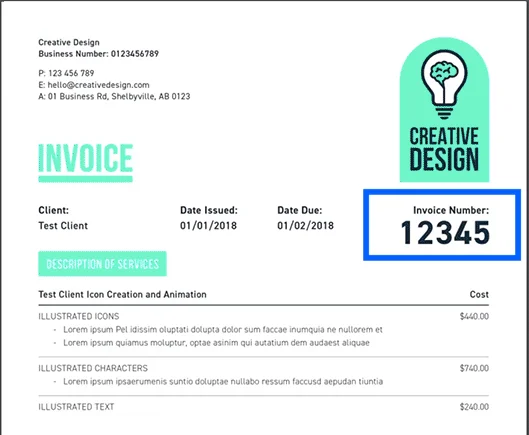 Example of an Invoice number on an invoice made with zistemo invoice Creator