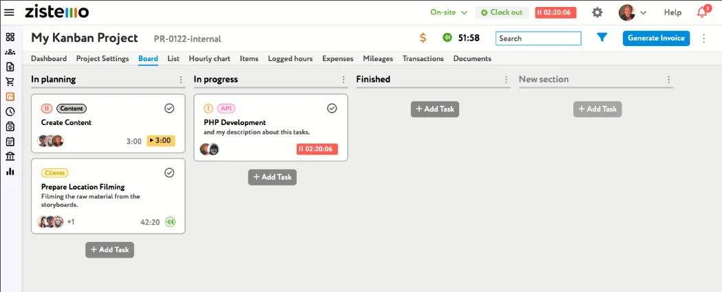 A Kanban board with cards and columns showing the workflow of a Kanban team