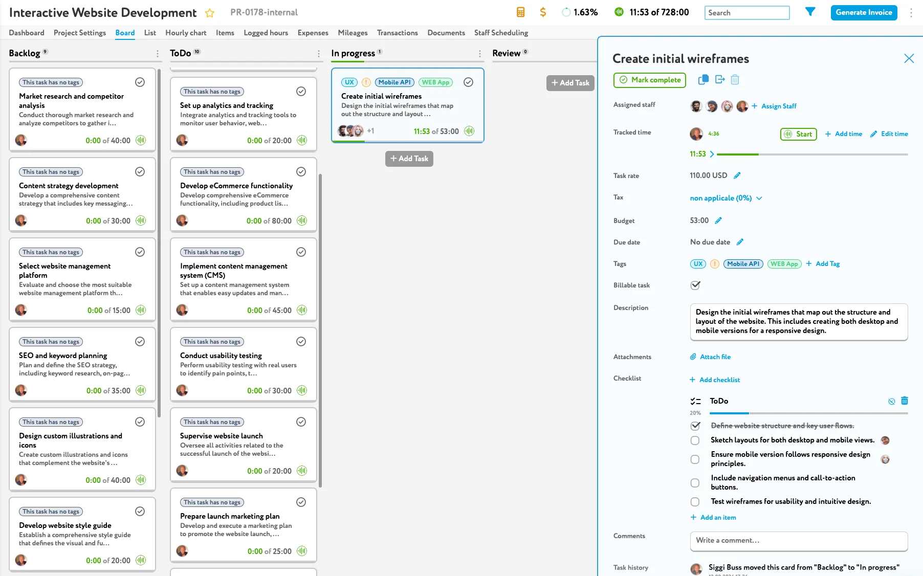 A Kanban card with details of an individual task