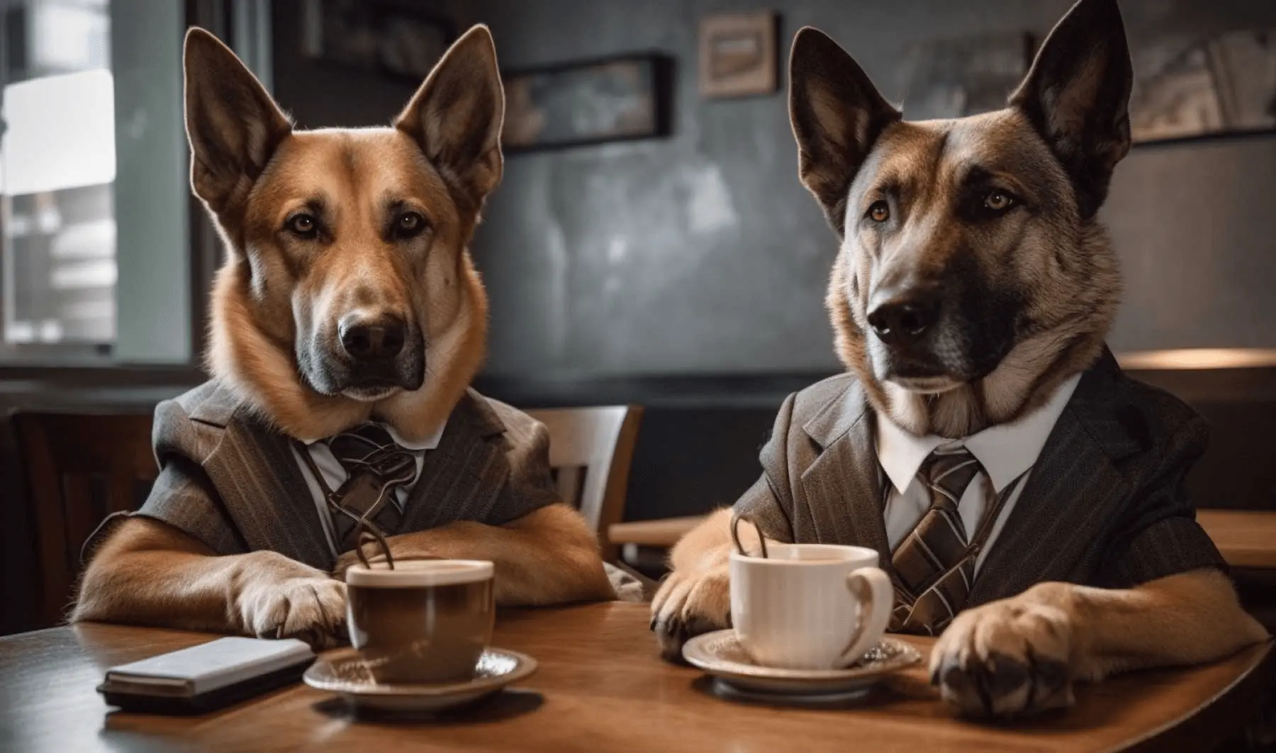 Two sheepdogs are sitting at the table wondering what the difference is between estimates, quotes and business proposals in business negotiations.