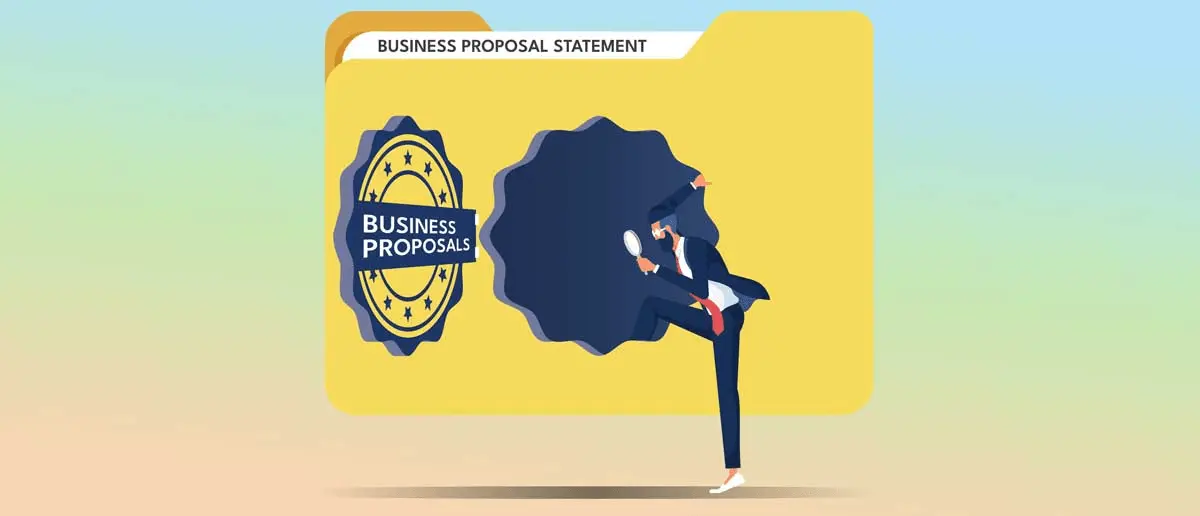 Unveiling Business Proposals, a huge folder has an open round vault door and a businessman steps inside with a magnifying glass.