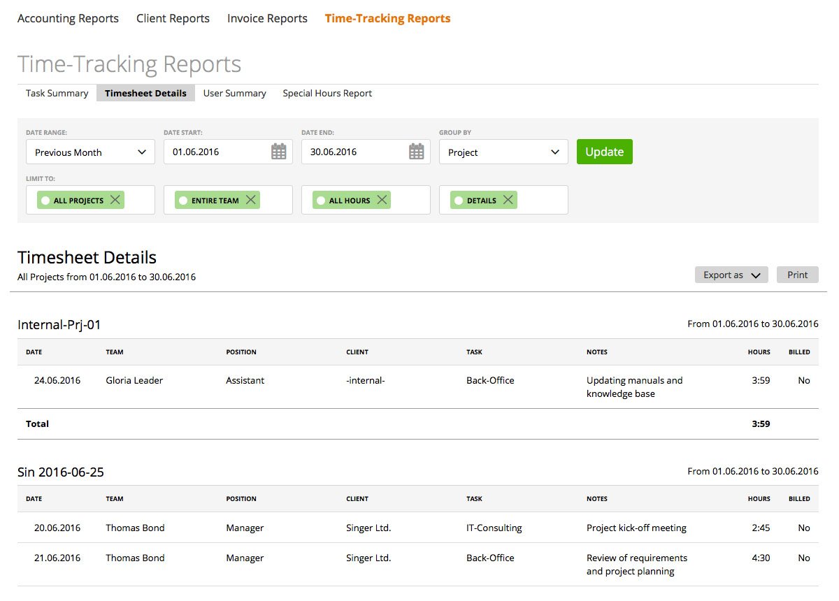 Time tracking reports zistemo