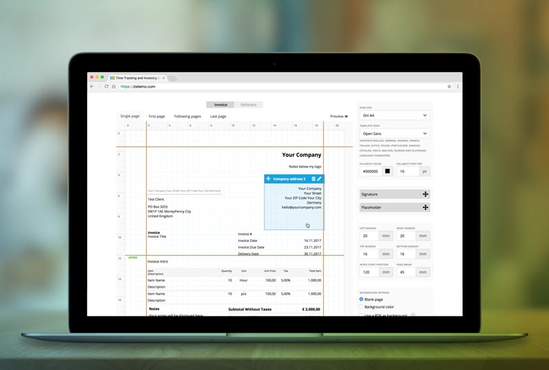 zistemo invoice template editor