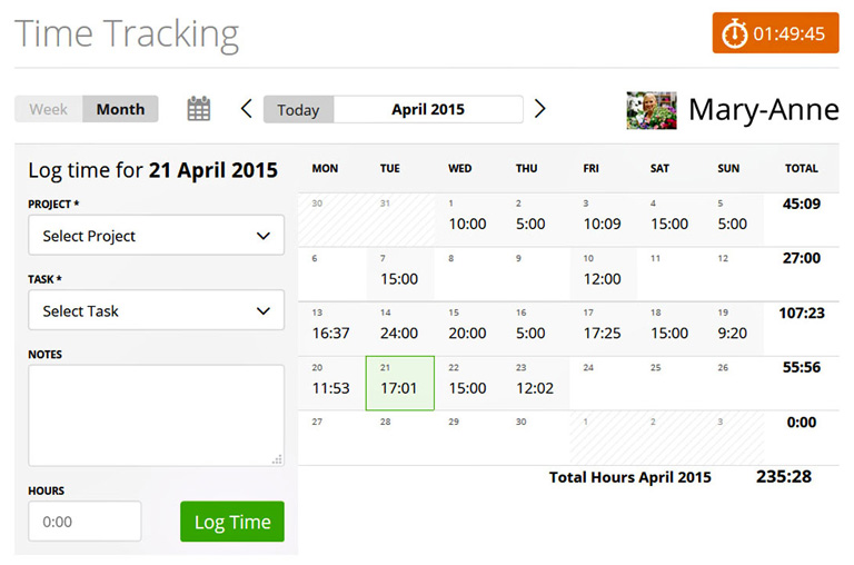 Timesheet calculator with logged hours